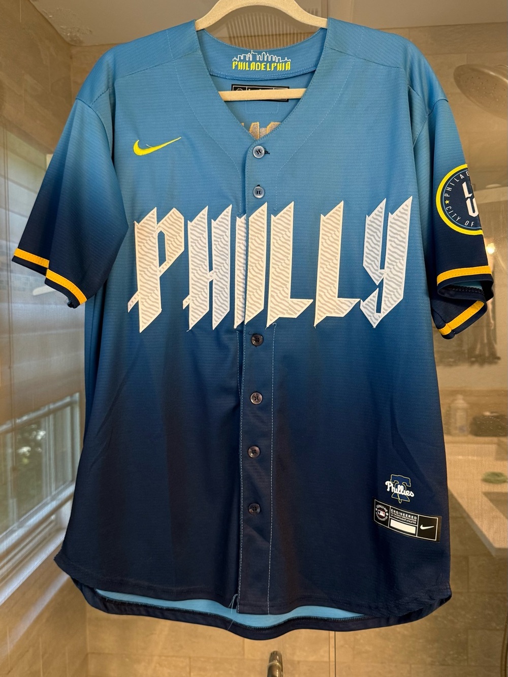 Nike Blue Gradient PHILLY Trea Turner Baseball Jersey with Yellow Accents